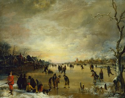 Paisagem de inverno ao pôr do sol com pessoas jogando golfe e patinação (óleo sobre tela) de Aert van der Neer