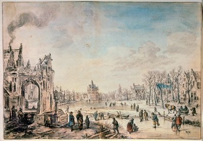 Paisagem de inverno com skatistas, pintura holandesa do século XVII de Aert van der Neer