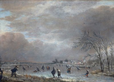 Paisagem de inverno com patinadores em um rio congelado (óleo no painel) de Aert van der Neer