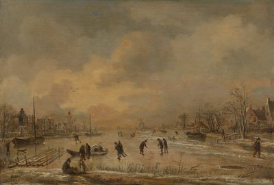 Paisagem de inverno com casas de Aert van der Neer