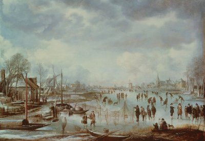 Cena de inverno com figuras patinando de Aert van der Neer