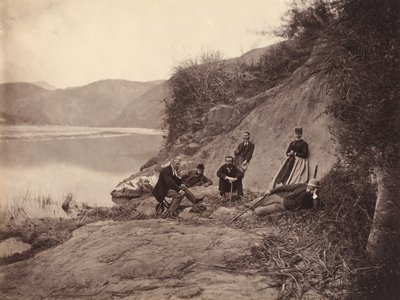 [retrato de grupo perto do mosteiro das chamas presas, tecla F U], esfregar. 1869. de Afong Lai