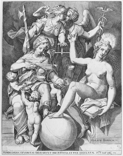Alegoria do Salmo de David, Misericórdia sentada à esquerda alimentando quatro crianças com..., 1579. de After Agostino Carracci.