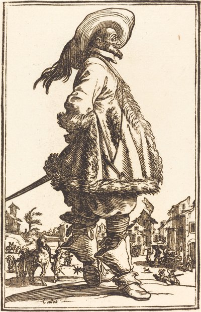 Homem nobre com manto aparado em pele, segurando as mãos atrás das costas de After Jacques Callot