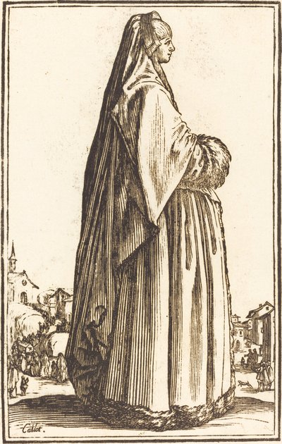 Mulher nobre usando um véu e um vestido enfeitado em pele de After Jacques Callot