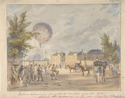 Balão a subir perto da entrada do campo de críquete do Senhor, 1839, ca. 1839. de After Robert Bremmel Schnebbelie.