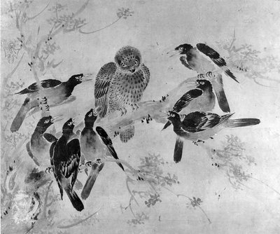 Mynah Birds Attacking an Owl, provavelmente do século XIX. de after Sesson Shūkei