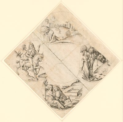 Projeto para um Quatrefoil com um castelo, dois amantes, uma donzela tentada por um tolo, um casal sentado em um cocho e um cavaleiro e seu amante montados em um cavalo de After The Master of the Housebook