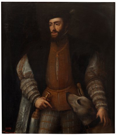 Espanhol:  El emperador Carlos V con un perro O imperador Carlos V com um cão de after Titian