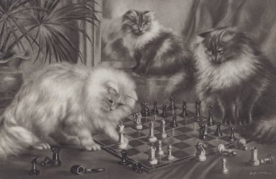 Grupo de gatos brincando com peças de xadrez de Agnes Augusta Talboys