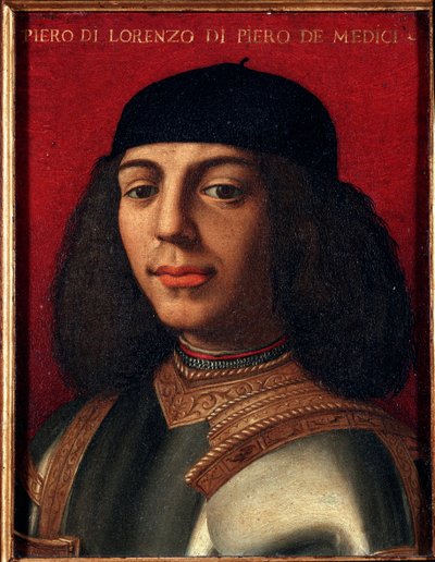 Retrato de Pedro II de Medici (1472-1503) (Piero di Lorenzo de Medici ou Piero o Infeliz) político e militar italiano, filho de Laurent, a Magnífica Pintura de Agnolo Allori chamada Bronzino (1503-1572), óleo sobre cobre Dim 15x12 cm Palazzo M de Agnolo Bronzino