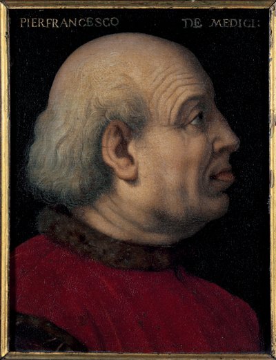 Retrato de Pierfrancesco di Lorenzo de Medicis the Elder (1430-1476) (Retrato de Pierfrancesco de Medici, banqueiro e diplomata italiano, membro da Casa dos Médicis de Florença) Pintura de Bronzino (Agnolo di Cosimo) (1503-1572) Dim 15x12 cm de Agnolo Bronzino