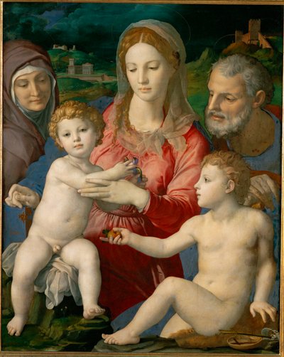 A Sagrada Família com Santa Ana e o jovem João (pintura sobre madeira de choupo) de Agnolo di Cosimo Bronzino