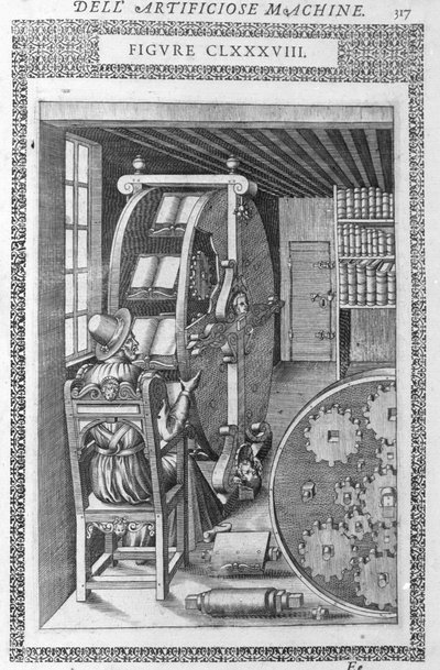 Biblioteca automática. Baseado em um projeto de Agostino Ramelli em "Máquinas Diversas e Artificiais" e Milão 1600. de Agostino (after) Ramelli