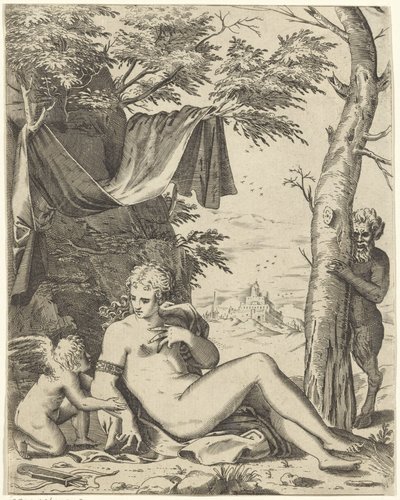 Vênus, amor em sáter de Agostino Carracci (attributed to)