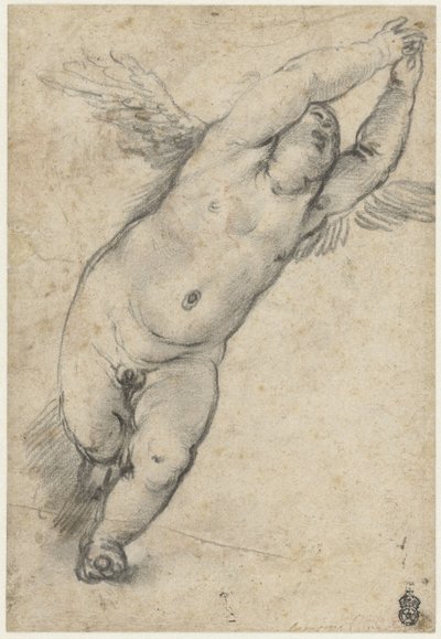 Putto voador com os braços levantados de Agostino Carracci (attributed to)