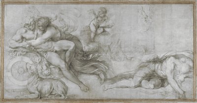 Cefalo levado por Aurora em seu Chariot Cartoon para um afresco na Galeria do Palazzo Farnese, Roma, c. 1599 de Agostino Carracci