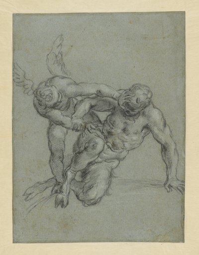 Cupido dominando Pan (frente); cabeça de monge; caricatura de um homem de perfil (verso) de Agostino Carracci