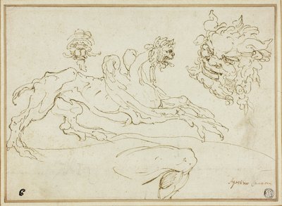 Quatro Esboços: Griffin, Grotesque Head, Head of Satyr, Bent Leg de Agostino Carracci