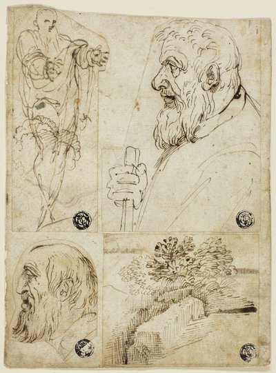 Quatro esboços: Figura masculina em pé; Busto de perfil de homem barbudo; Cabeça de perfil de homem barbudo; Paisagem de Agostino Carracci