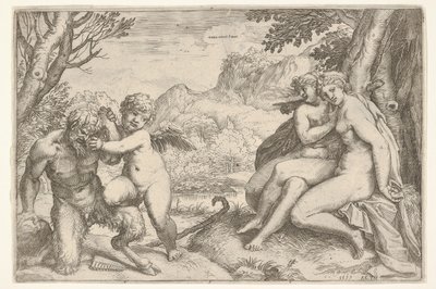 O amor conquista todo Omnia vincit Amor, em uma luta com um sátiro, Amor coloca seu caminho certo ..., 1599. de Agostino Carracci