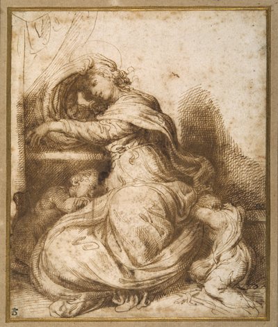 Madonna e Criança com São João, todas a dormir (caneta e tinta castanha e lavagem castanha) de Agostino Carracci