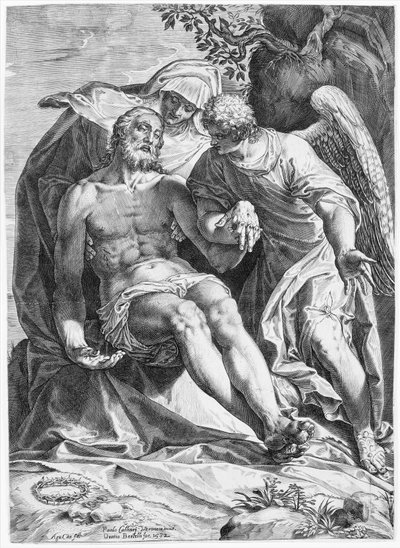 Pieta, Cristo sustentado pela Virgem e um anjo à direita, 1582. de Agostino Carracci