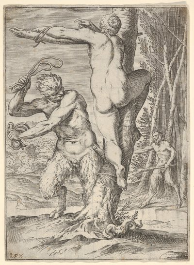 Sátiro chicoteando uma ninfa, que é mostrada por trás e amarrada a uma árvore, uma segunda saty ..., ca. 1590-95. de Agostino Carracci