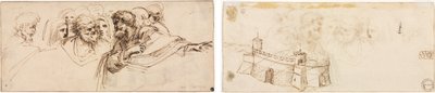 Estudo de Chefes (reto); Fortaleza ameada (verso) de Agostino Carracci