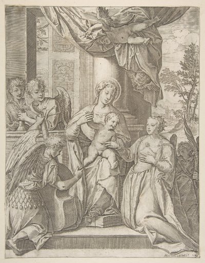 O casamento místico de Santa Catarina, que está no centro do menino Cristo, anjos com ..., 1585. de Agostino Carracci