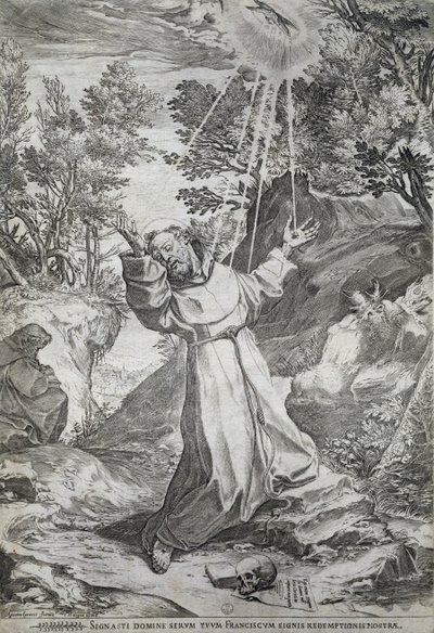 A estigmatização de São Francisco na montanha La Verna (1224) de Agostino Carracci