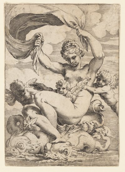 Vênus (ou Galatea) e Cupidos apoiados por golfinhos de Agostino Carracci