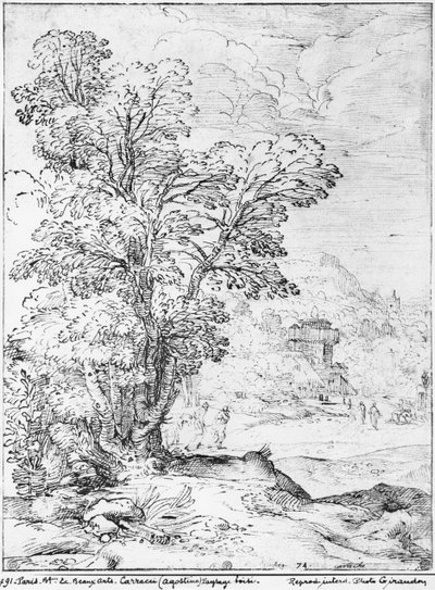 Paisagem arborizada (caneta e tinta no papel) (foto bw) de Agostino Carracci