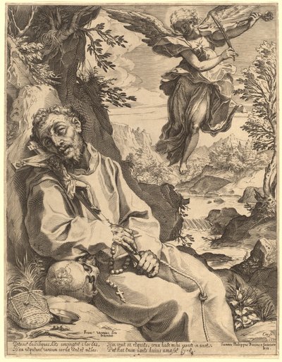 São Francisco consolado pelo anjo musical de Agostino Carracci after Francesco Vanni