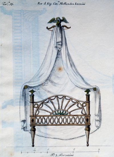 Canopy cama para Alexander Saracens, de Lavori di falegname e Fabbro ideati e disegnati da me Agostino Fantastici (Obras de carpinteiro e serralheiro concebidas e desenhadas por mim Agostino Fantastici), manuscrito 3, placa 18 (1782-1845) de Agostino Fantastici