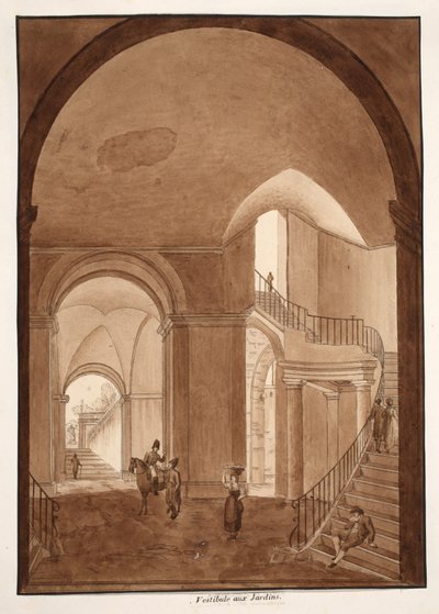 O Vestíbulo de Jardins do Palazzo Caetani all&39;Orso, 1833 (gravura com lavagem marrom) de Agostino Tofanelli