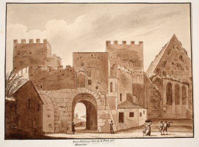 A Porta Ostiensis ou San Paolo, construída por Honorius, 1833 (gravura com lavagem marrom) de Agostino Tofanelli