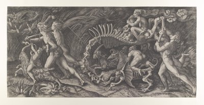 Lo Stregozzo: uma feiticeira montada em um esqueleto de animal, precedida por dois homens e ..., ca. 1515-25. de Agostino Veneziano