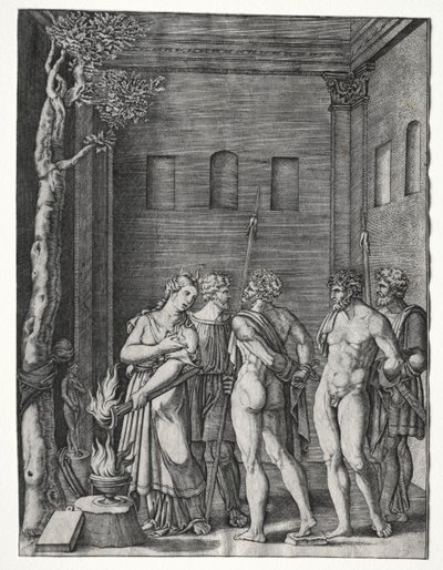 Orestes e Pílades trazidos para Ifigênia para sacrifício de Agostino Veneziano