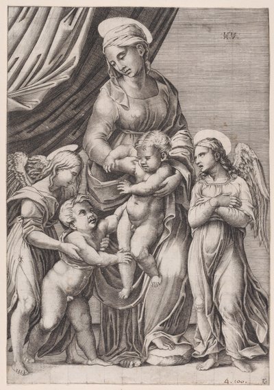 A Virgem, o Menino Jesus, o Menino São João e Dois Anjos, datado de 1516. de Agostino Veneziano