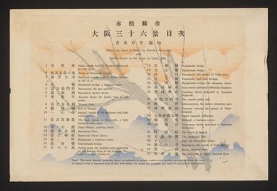 Inoudsopgave
Trinta e seis vistas de Osaka por Rinsaku Akamatsu com poemas de Haiku sobre as vistas por Getto Aoki (título sobre o objecto)
Zesendertig gezichten van Osaka (título da série)
Ôsaka sanjûrokkei (título da série sobre o objecto) de Akamatsu Rinsaku