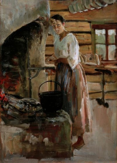 Mulher está cozinhando peixe branco de Akseli Valdemar Gallen-Kallela