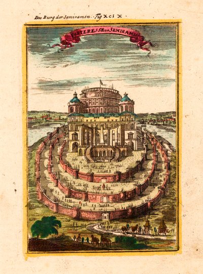 La forteresse et les jardins suspendus de la reine legendaire Semiramis a Babylone - Fortress of Semiramis - Gravura em cobre e aguarela de Alain Manesson Mallet (1630-1706) de Alain Manesson Mallet