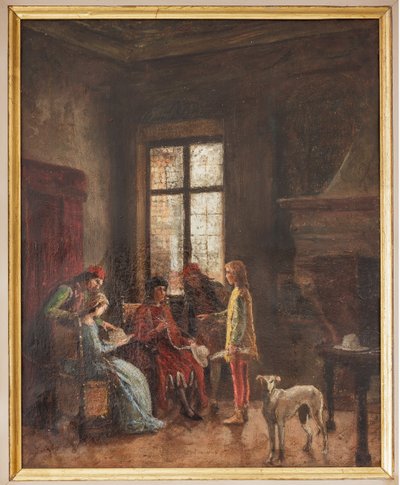 Nicolò Biondo mostrando sua coleção de chapéus para Alberto Pio (pintura a óleo sobre zinco) de Albano Lugli