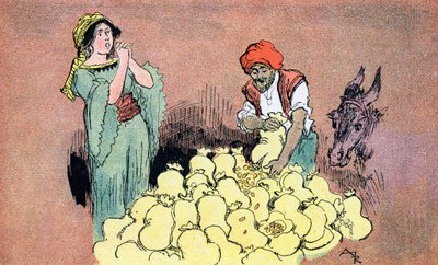 Ali Baba mostra os sacos de ouro à sua esposa Ilustração de Albert Robida para Ali Baba e os Quarenta Ladrões de 1945 Colecção Privada de Albert (after) Robida