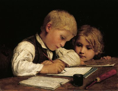 Menino escrevendo com sua irmã, 1875 de Albert Anker