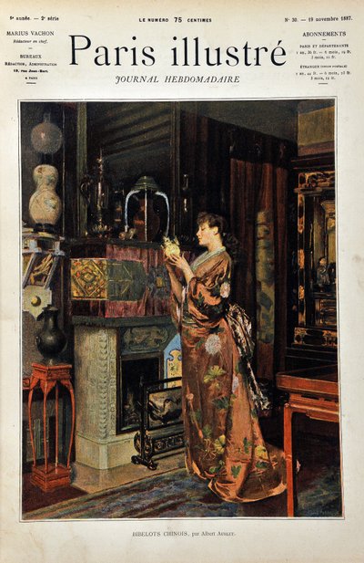 Chinês Trinkets Uma mulher europeia vestida de orientale observa a sua colecção de objectos chineses. Ilustração de Albert Aublet (1851-1938). Gravura de 1887 no "Paris-Illustrous journal weekly". de Albert Aublet