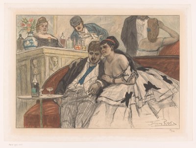 Homem e mulher sentados em um sofá vermelho no bar de um teatro Le gandin ivre de Albert Bertrand (attributed to)