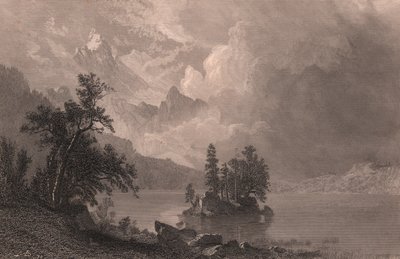 Vista do Lago Esther, Serra Nevada, Califórnia, Estados Unidos, gravura em metal aço de Robert Hinshelwood (1812-depois de 1875) após pintura de Albert Bierstadt (1830-1902), cerca de 19x14 cm de Albert Bierstadt