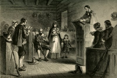 Adoração pública em Plymouth pelos peregrinos, 1877. de Albert Bobbett